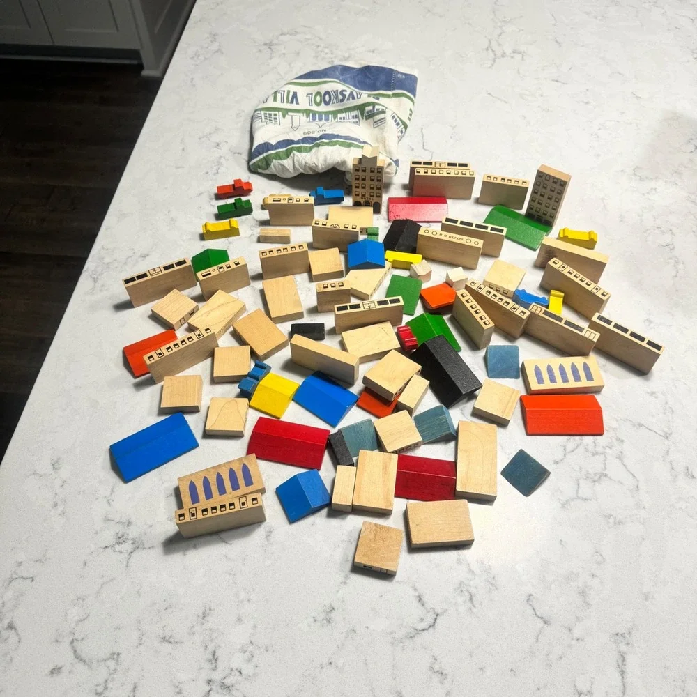 85 piece Vintage PLAYSKOOL VILLAGE Wood Building Blocks And Vehicles Montessori